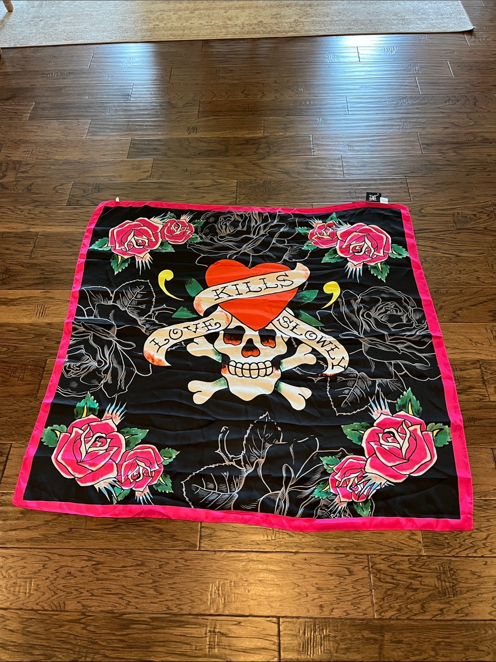 Ed Hardy Black Scarf with Pink Rose Border and Heart Skull Graphic Love